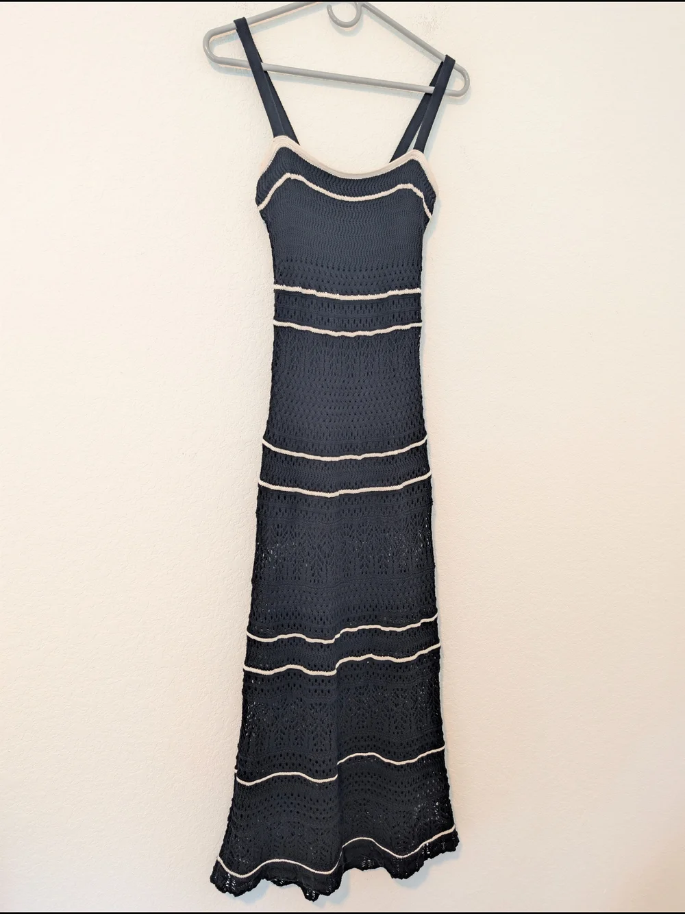 Abercrombie & Fitch Black Stripe Crochet Knit Cotton Square Neck Maxi Tank Dress